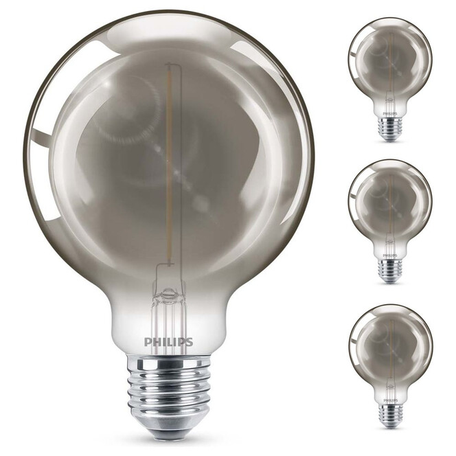 Philips LED Lampe ersetzt 11W, E27 Globe G93. grau, warmweiss, 115 Lumen, nicht dimmbar, 4er Pack Energieklasse A&