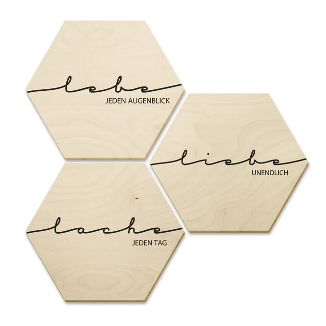 Hexagon - Holz Birke-Furnier - Lebe, Lache, Liebe (3er Set)