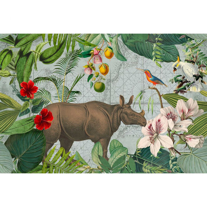 Livingwalls Fototapete ARTist Jungle Rhino mit Dschungel und Nilpferd braun, grün, orange, rosa, rot - Bild 1