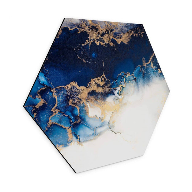 Hexagon - Alu-Dibond Abstrakter Marmor mit Blau und Goldeffekt