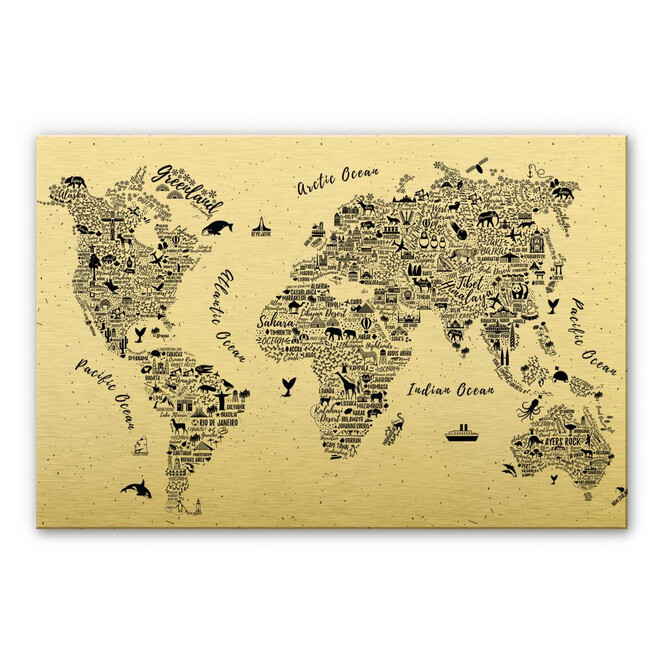 Alu-Dibond mit Goldeffekt Weltkarte - Around the World