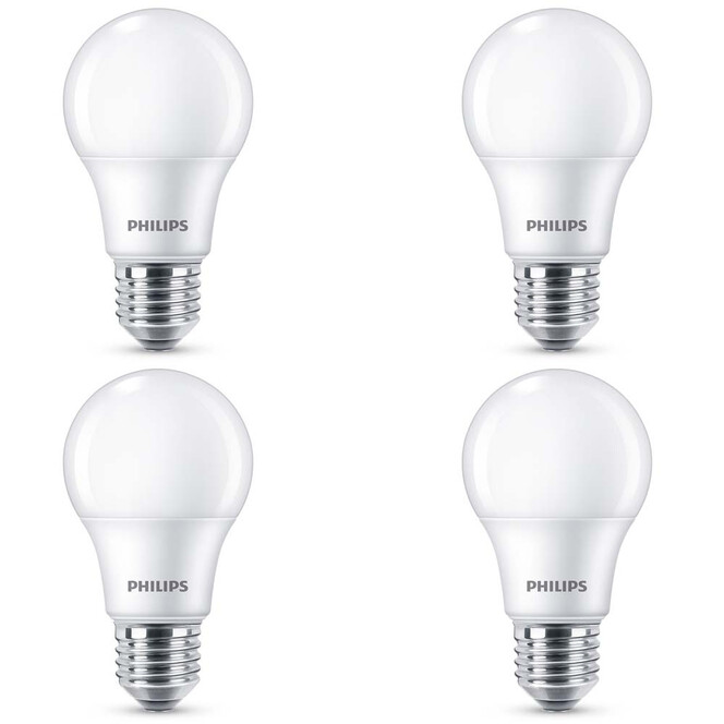 Philips LED Lampe ersetzt 60W, E27 Standardform A60. weiss, warmweiss, 806 Lumen, nicht dimmbar, 4er Pack Energieklasse A&