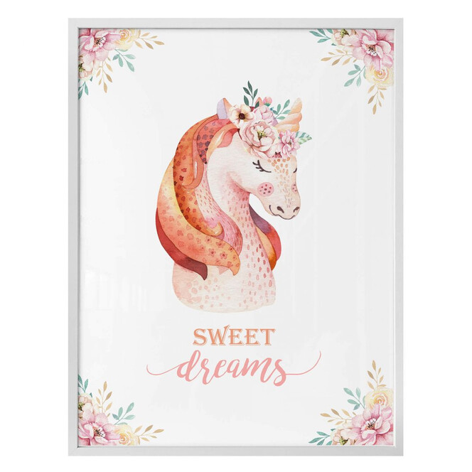 Poster Kvilis - Sweet Dreams - Einhorn mit Blumenkranz