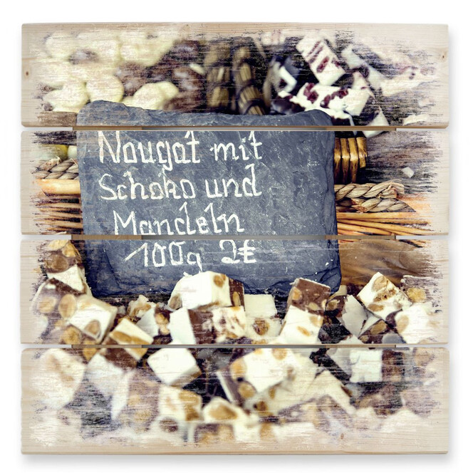Holzbild Nougat mit Schokolade und Mandeln