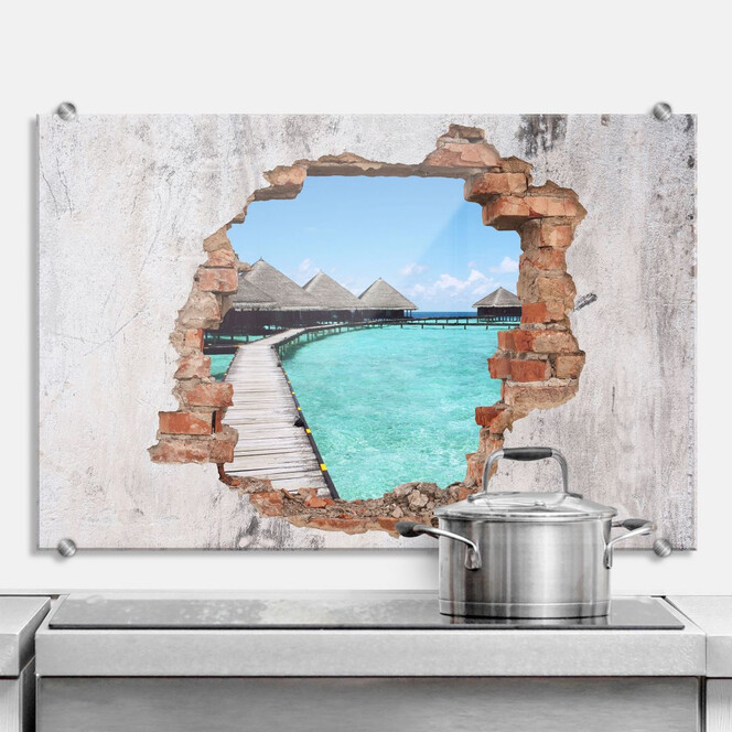 Spritzschutz 3D Optik - Strandhaus Malediven