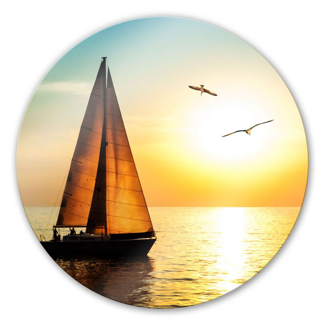 Glasbild Segelboot im Sonnenuntergang - rund