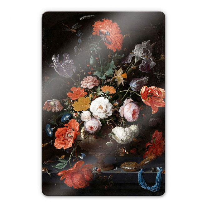 Glasbild Mignon - Stillleben mit Blumen und einer Uhr