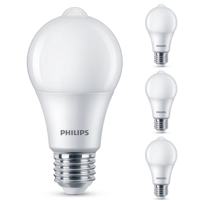 Philips LED Lampe mit Bewegunsmelder ersetzt 60W, E27 Standardform A60. warmweiss, 806 Lumen, nicht dimmbar, 4er Pack Energieklasse A&