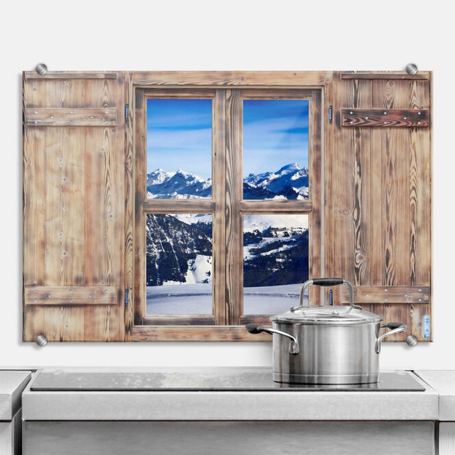Spritzschutz 3D Holzfenster - Alpenpanorama