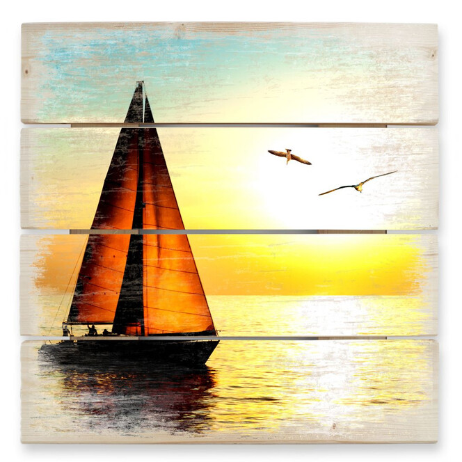 Holzbild Segelboot im Sonnenuntergang
