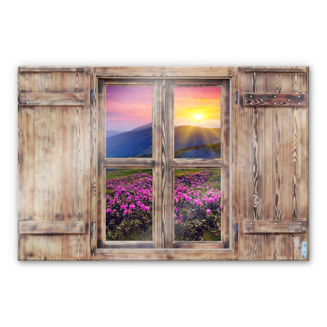 Glasbild 3D Holzfenster - Sonnenuntergang in den Bergen