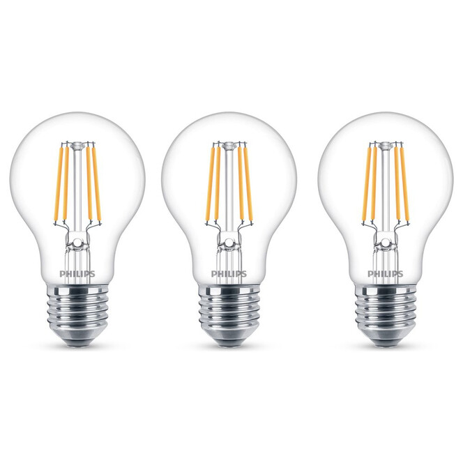 Philips LED Lampe ersetzt 40W, E27 Standardform A60. klar, warmweiss, 470 Lumen, nicht dimmbar, 3er Pack Energieklasse A&&