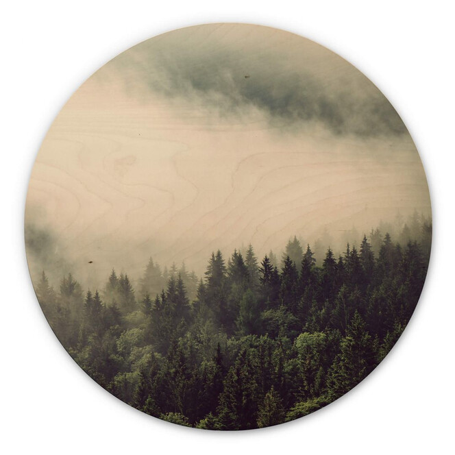 Holzbild Nebel im Wald 02 - Rund