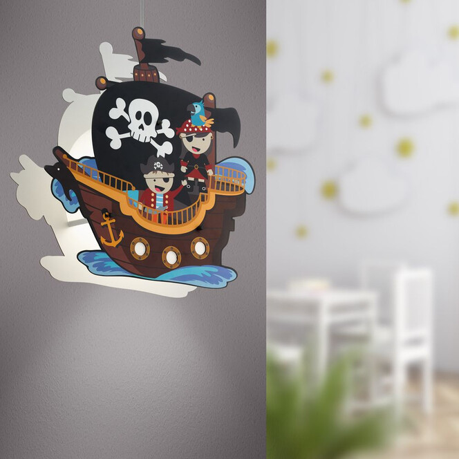 Kinderzimmer Pendelleuchte aus Holz und Stahl mit Piraten-Motiv 2xE27 - Bild 1