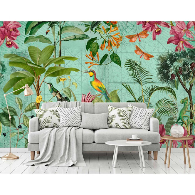 Livingwalls Fototapete ARTist Tropical Paradise mit Dschungel Vögeln und Schmetterlingen grün, orange, rosa - Bild 1