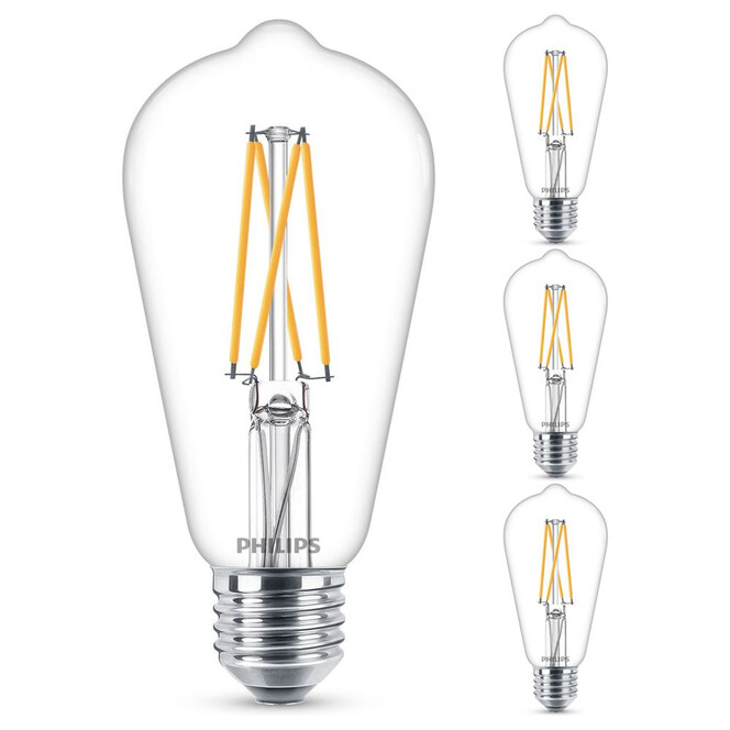 Philips LED WarmGlow Lampe ersetzt 60W, E27 Edisonform ST64. klar, warmweiss, 806 Lumen, dimmbar, 4er Pack Energieklasse A&&