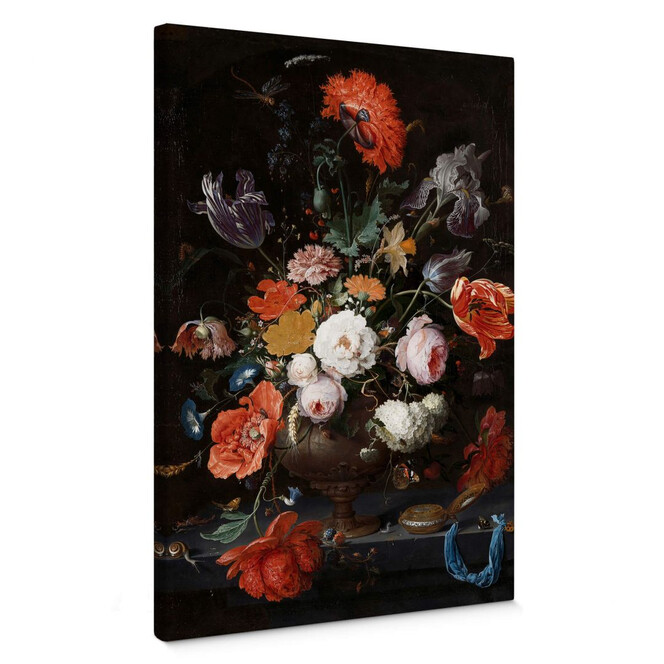 Leinwandbild Mignon - Stillleben mit Blumen und einer Uhr