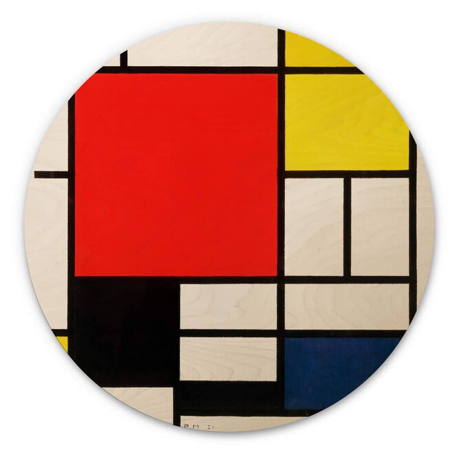 Holzbild Mondrian - Komposition mit Rot Gelb Blau und Schwarz - Rund