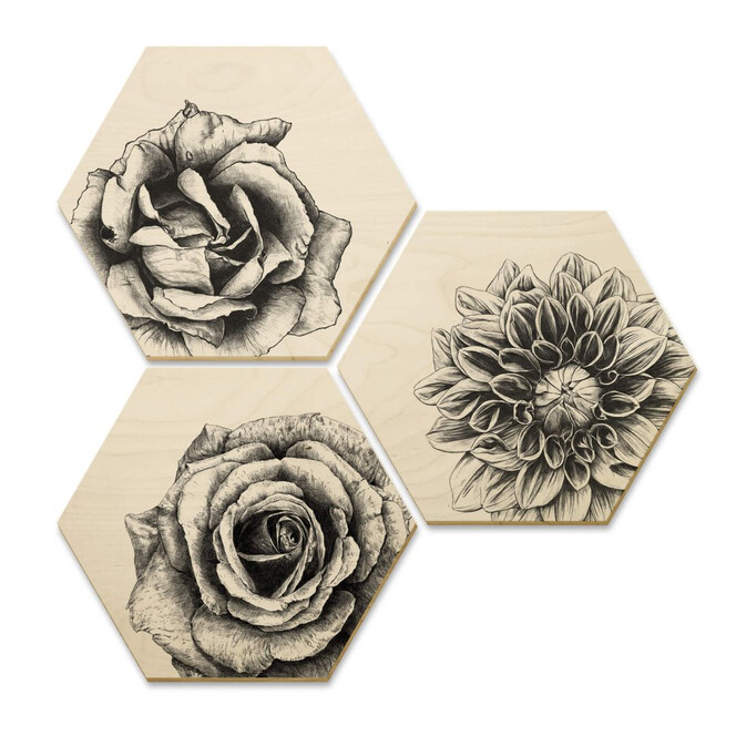Hexagon - Holz Birke-Furnier Kools - Flowery 3er Set