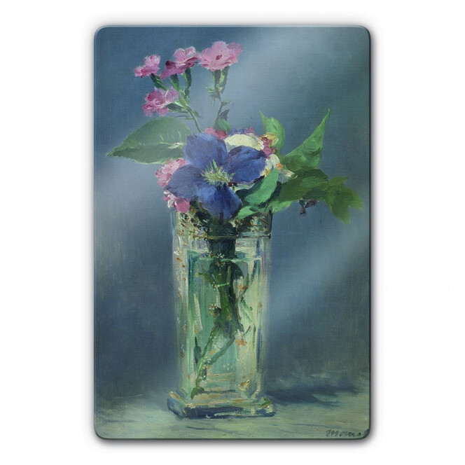 Glasbild Manet - Glasvase mit Nelken und Klematis