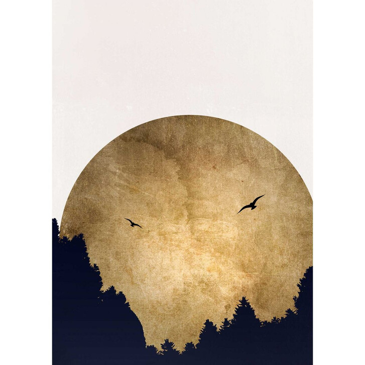 Livingwalls Fototapete ARTist Two Birds mit Mond gold, schwarz, weiss - WA310919