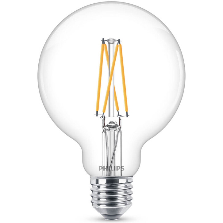 Philips LED WarmGlow Lampe ersetzt 60W, E27 Globe G93. klar, warmweiss, 806 Lumen, dimmbar, 1er Pack Energieklasse A&&