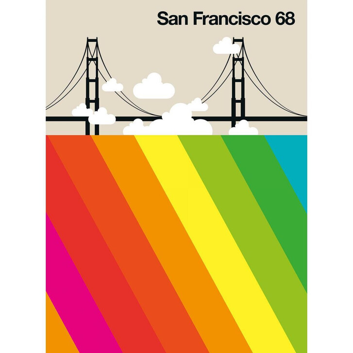 Livingwalls Fototapete ARTist San Francisco 68 Golden Gate Bridge beige, gelb, grün, orange, rosa, rot, schwarz, türkis, weiss
