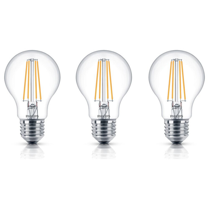Philips LED Lampe ersetzt 60W, E27 Standardform A60. klar, warmweiss, 806 Lumen, nicht dimmbar, 3er Pack Energieklasse A&&
