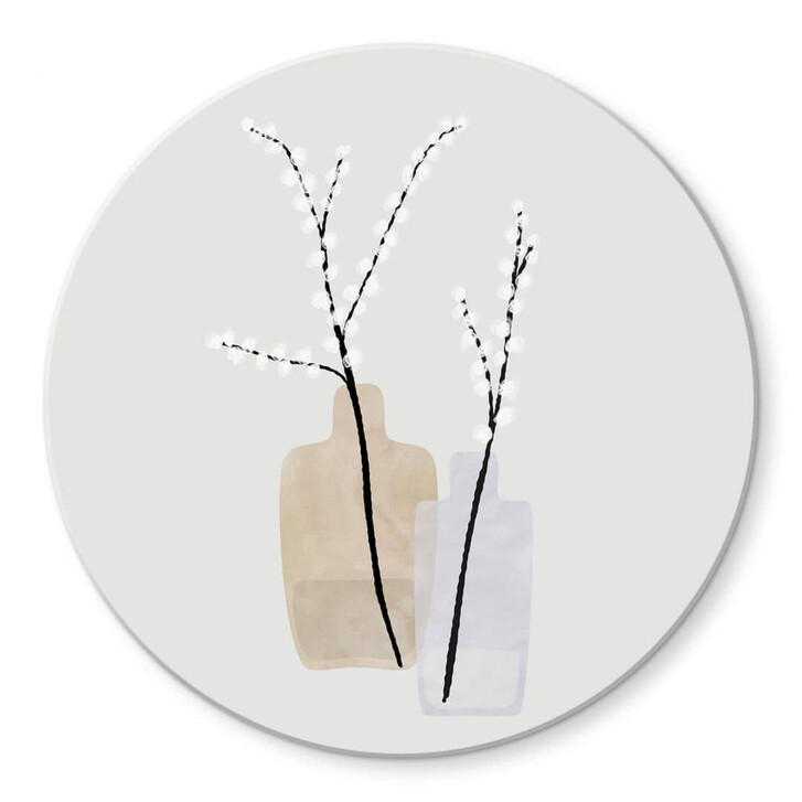 Glasbild Blursbyai - Zwei Vasen mit Weidenzweigen in Pastelltönen - Rund - WA352793