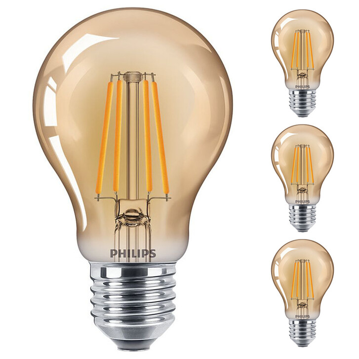 Philips LED Lampe ersetzt 35W, E27 Standardform A60. klar -Vintage, goldweiss, 400 Lumen, nicht dimmbar, 4er Pack Energieklasse A&&