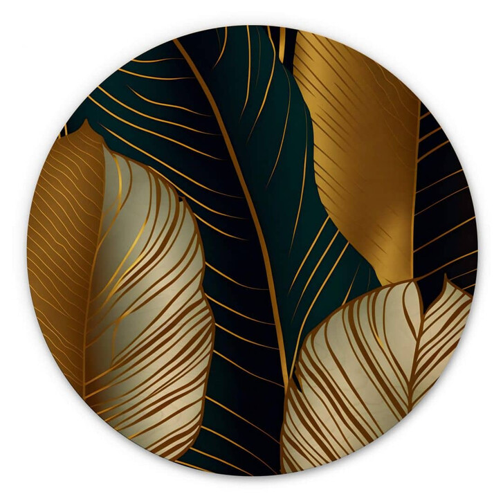 Holzbild Goldfarbene Palmenblätter Abstrakt - Rund - WA353485