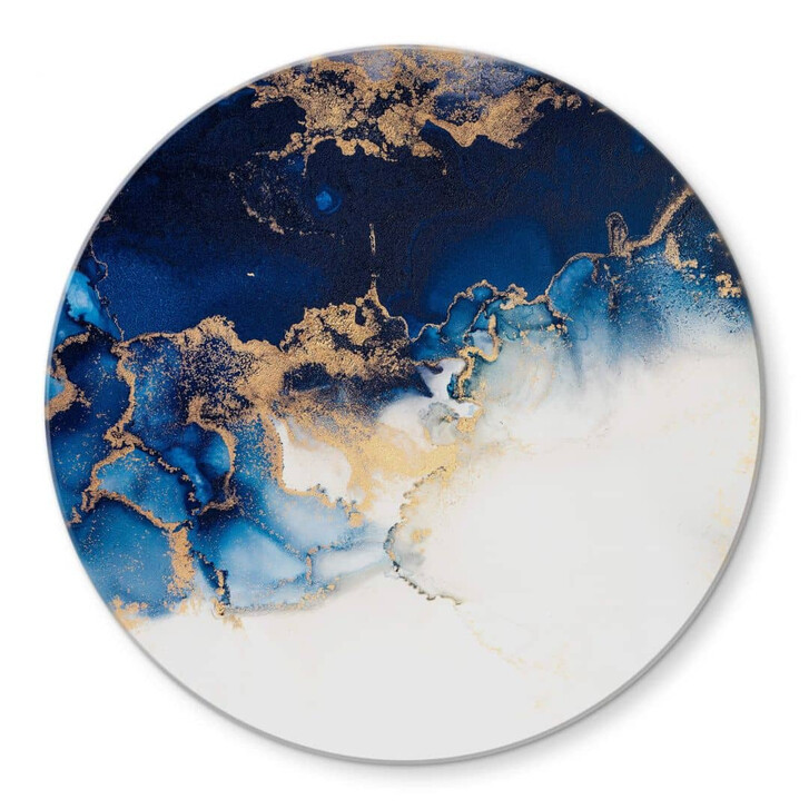 Glasbild Abstrakter Marmor mit Blau und Goldeffekt - Rund - WA352760