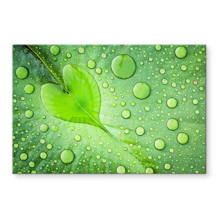 Glasbild Foto - Herz aus Wassertropfen auf grünem Blatt - WA352819