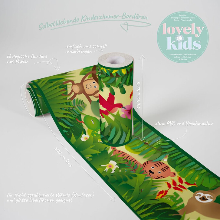 Lovely Kids selbstklebende Kinderzimmer Bordüre Jungle Friends mit süssen Dschungel-Tieren - WA300547