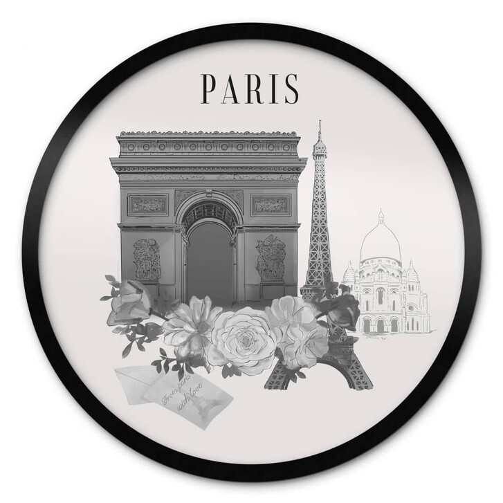 Love your City - Paris schwarz-weiss Poster Rund Zeichnung - WA348384
