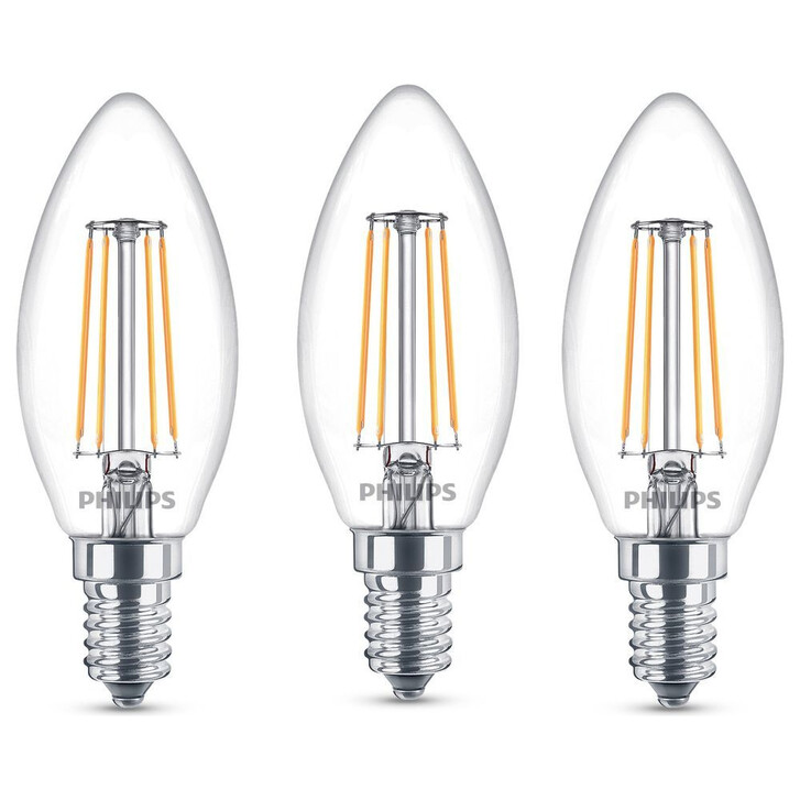 Philips LED Lampe ersetzt 40W, E14 Kerze B35. klar, warmweiss, 470 Lumen, nicht dimmbar, 3er Pack Energieklasse A&&