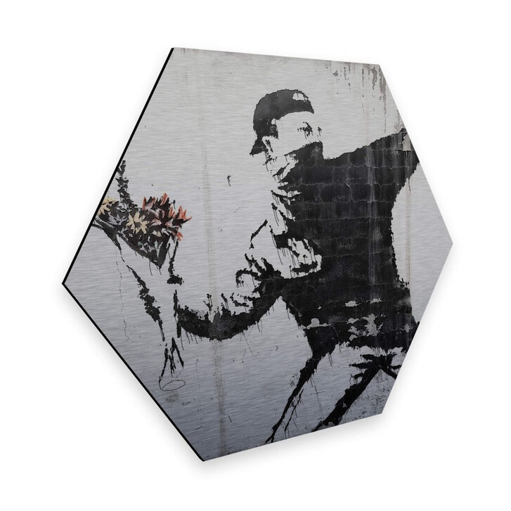 Hexagon - Alu-Dibond-Silbereffekt - Banksy - Der Blumenwerfer - WA263189