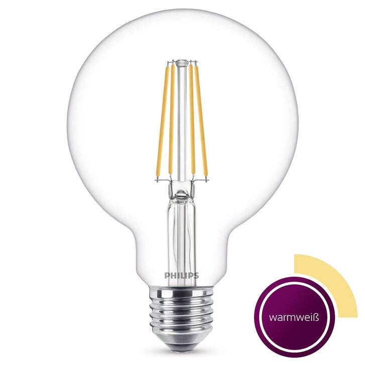 Philips LED Lampe ersetzt 60W, E27 Globe G93. klar -Filament, warmweiss, 806 Lumen, nicht dimmbar, 1er Pack Energieklasse A&&