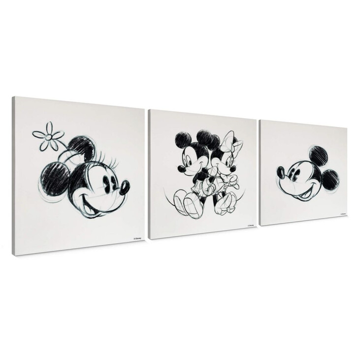 3-er Set Leinwandbild Mickey Minnie Sketch, Rücken an Rücken - WA229452