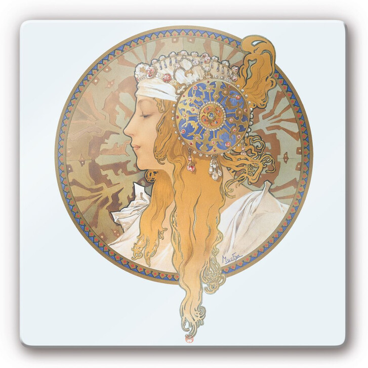 Glasbild Mucha - Medaillon mit Bildnis einer blonden Frau - WA125835