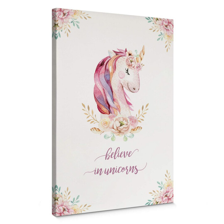 Leinwandbild Kvilis - Believe in Unicorns - Einhorn mit Blumen - WA235182