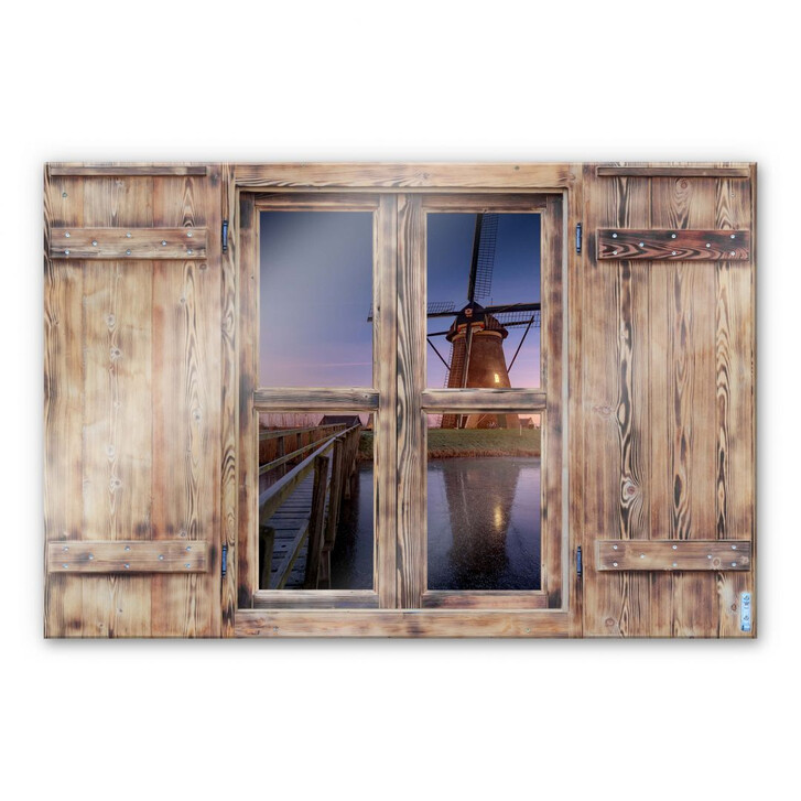 Glasbild 3D Holzfenster - Pablo Kinderdijk 2 - WA231886