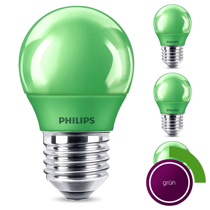 Philips LED Lampe, E27 Tropfenform P45. grün, nicht dimmbar, 4er Pack Energieklasse C - CL110725