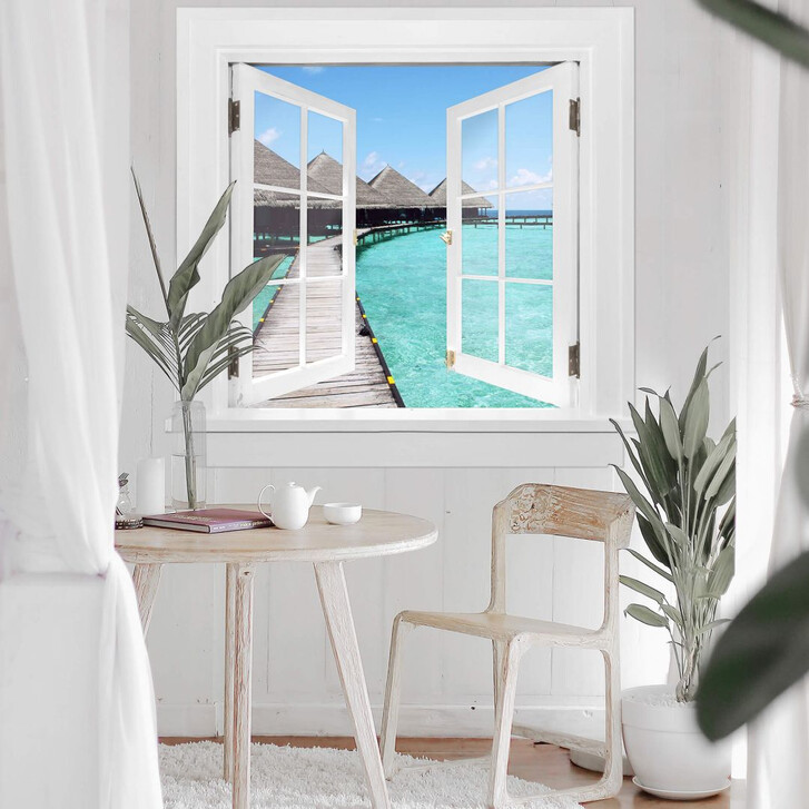 3D Wandtattoo Fenster quadratisch - Strandhaus Malediven - WA229673
