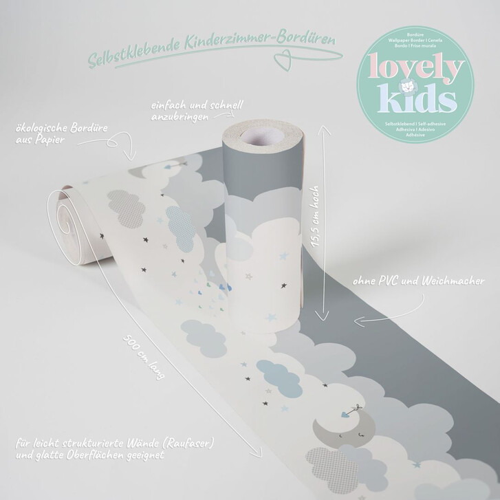 Lovely Kids selbstklebende Kinderzimmer Bordüre Dreamy Sky mit süssen Wolken - WA300521