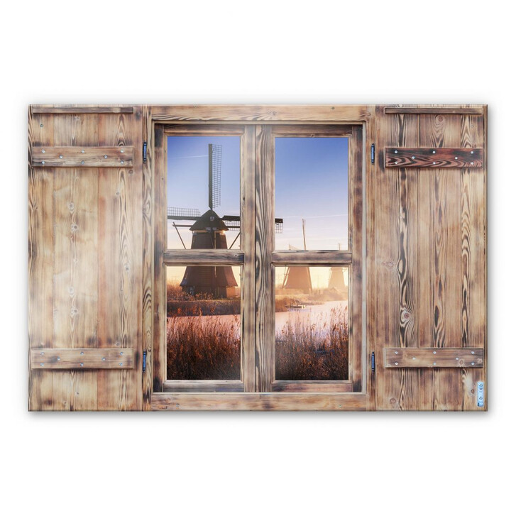 Glasbild 3D Holzfenster - Pablo Kinderdijk 4 - WA231890