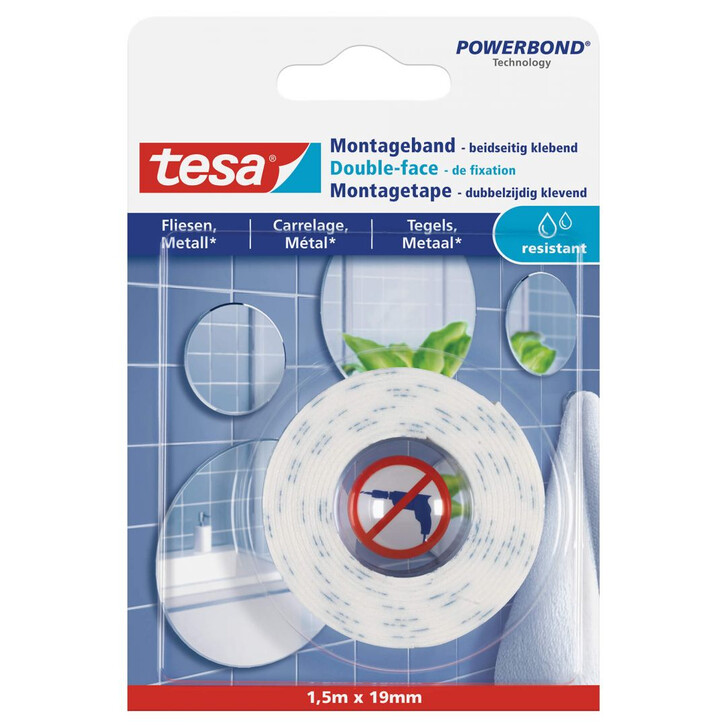 tesa® Montageband für Fliesen und Metall (10kg/m) 1.5 m x 19 mm. feuchtraumbeständig - WA297353