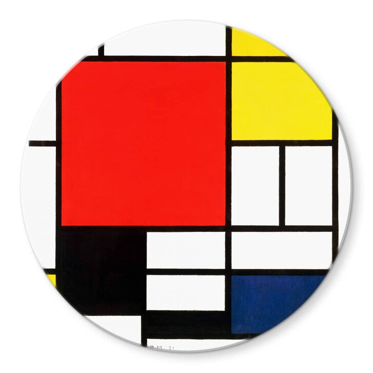 Glasbild Mondrian - Komposititon mit Rot Gelb Blau und Schwarz - Rund - WA326394