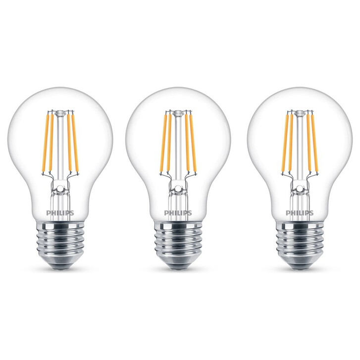Philips LED Lampe ersetzt 40W, E27 Standardform A60. klar, warmweiss, 470 Lumen, nicht dimmbar, 3er Pack Energieklasse A&&