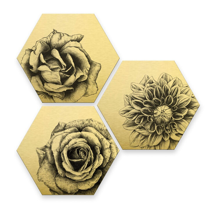 Hexagon - Alu-Dibond-Goldeffekt Kools - Flowery 3er Set - WA291306